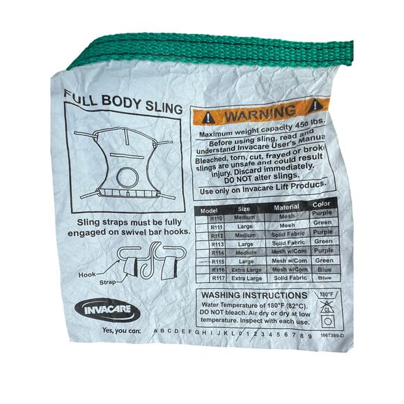 INVACARE R115 FULL BODY PATIENT SLING SIZE LARGE Green Mesh w Commode cutout - Picture 3 of 3